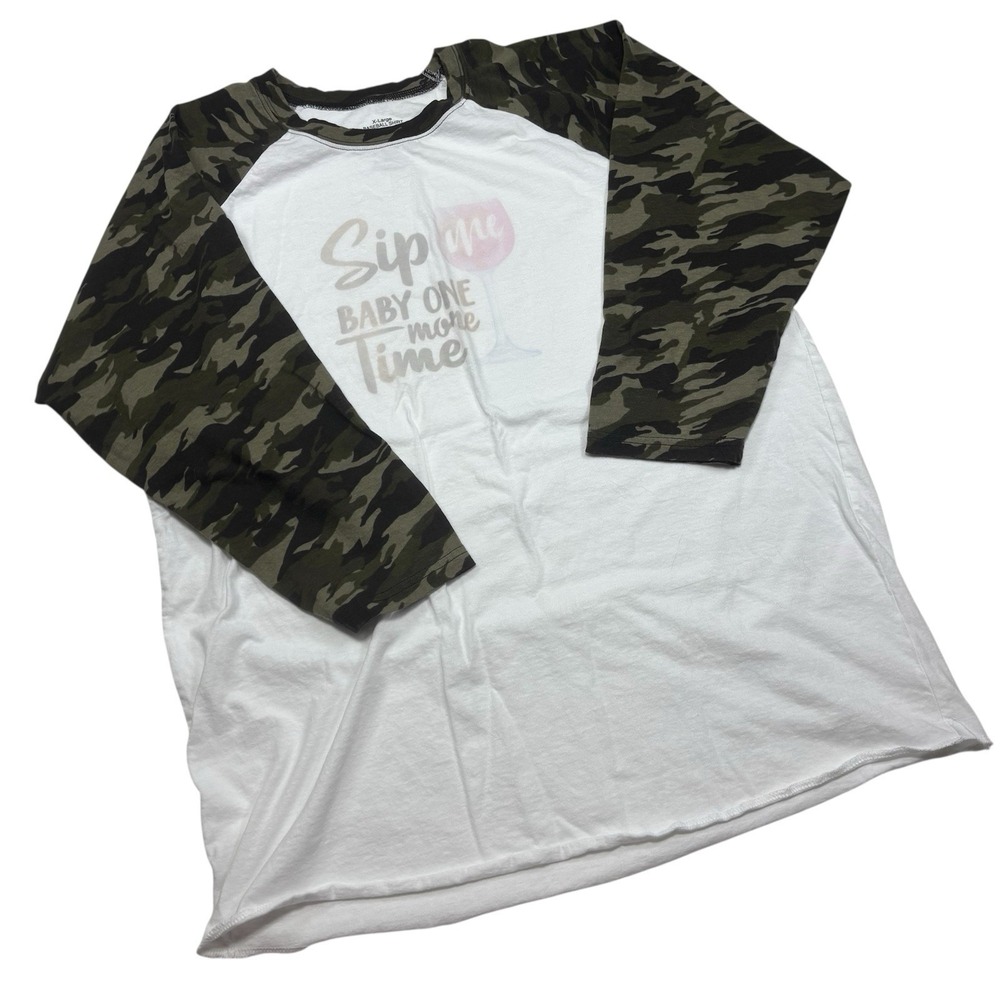 Baseball Shirt Women's XL White & Camo Sleeves "Sip Me Baby One More Time" - Picture 2 of 8